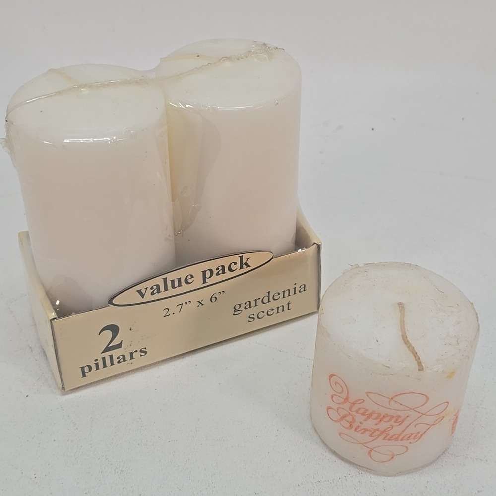 3 Pack Pillar Candles 2 Tall 2.7" x 6" White Wax 1 Short Happy Birthday Candle